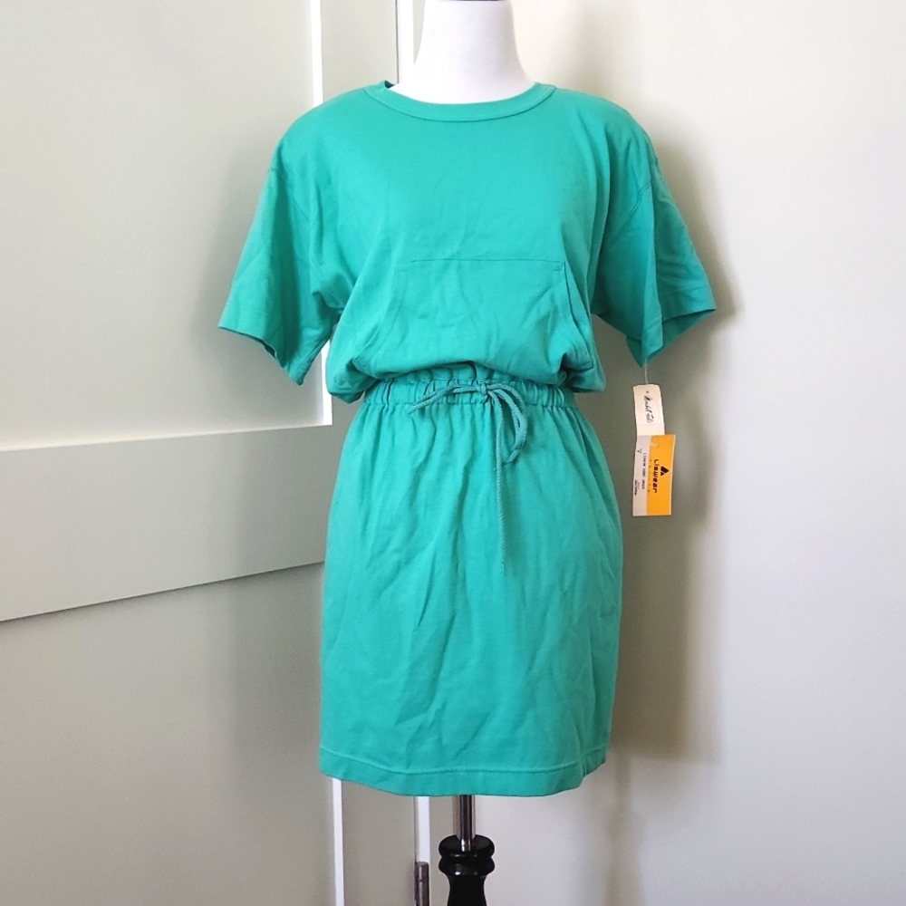 NWT Vintage 80s Lizwear Petite Seafoam green knee-length cotton dress. Size P.